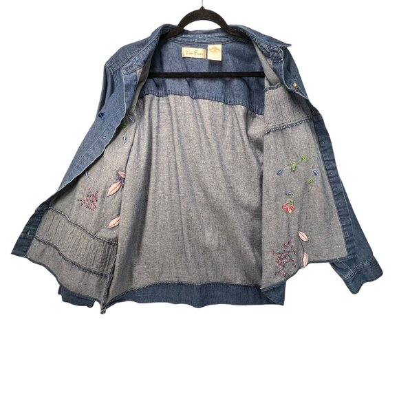 Vtg Bobbie Brooks Embroidered Denim Floral Shirt XL Floral Pintuck Blue Collar - Picture 4 of 16